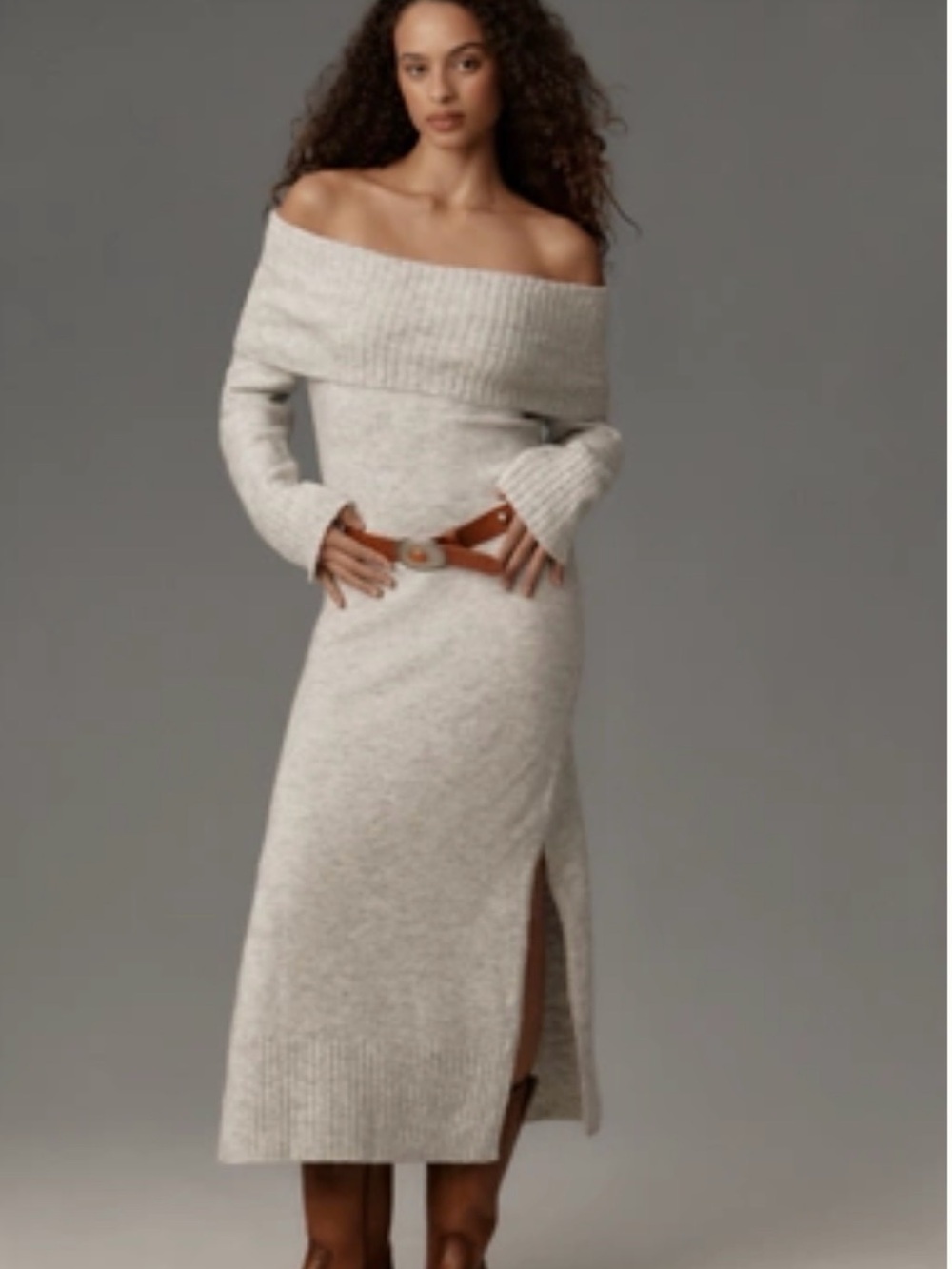DAILY PRACTICE OFF-SHOULDER FOLDOVER MIDI SWEATER DRESS